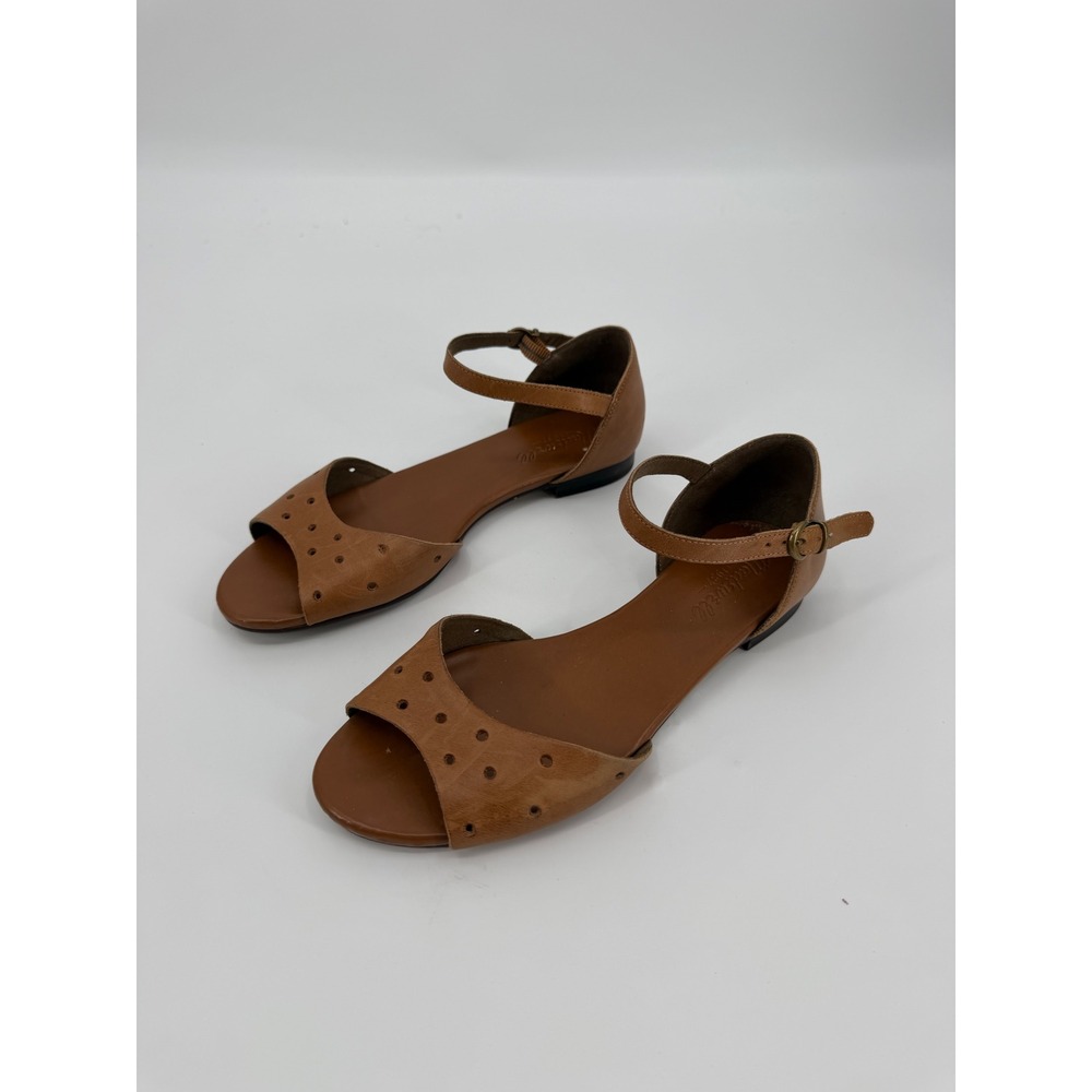 Madewell Tan Brown Leather Perforated Peep Toe Ankle Strap Flat Sandals 6.5